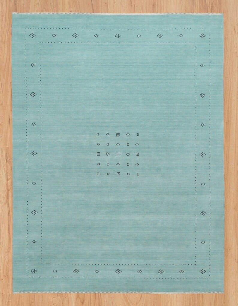 Premium Hand-Knotted Gabbeh Wool Rug - Minimalist Mint Green Aqua Blue Carpet