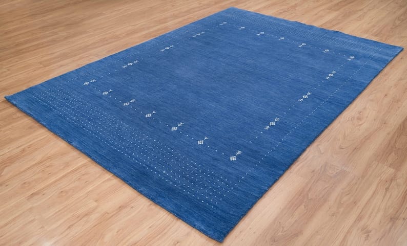 Premium Hand-Knotted Gabbeh Wool Rug - Minimalist Indigo Blue Organic Tribal Area Carpet - Custom Size Available