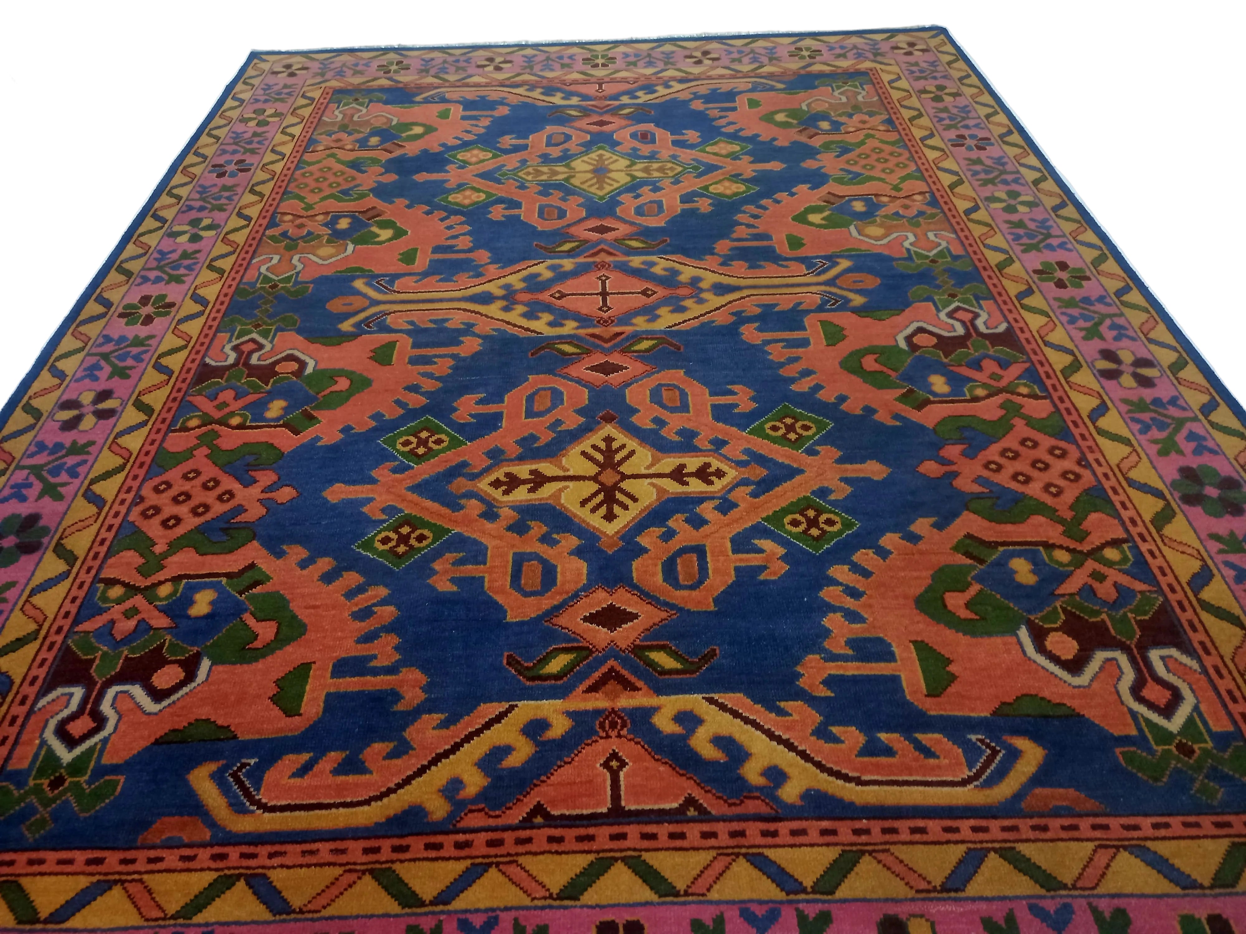 Premium Hand-Knotted Heriz Serapi Wool Rug - Royal Blue & Terracotta Geometric Carpet - Custom Size Traditional Area Rug for Living Room & Dining Space