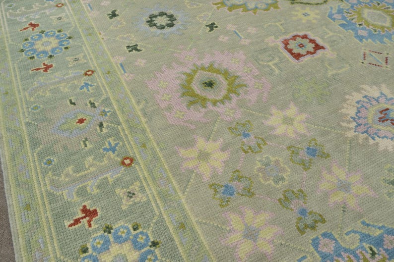Premium Hand-Knotted New Zealand Wool Oushak Area Rug - Sage Green & Pastel Floral Traditional Carpet