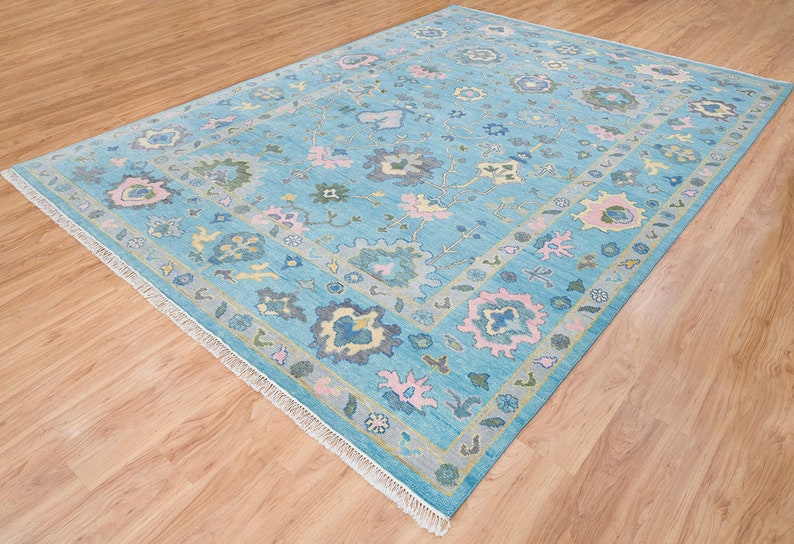 Premium Hand-Knotted Oushak Wool Rug - Pastel Blue & Pink Floral Turkish Style Carpet - Custom Size Rug for Living Room & Bedroom