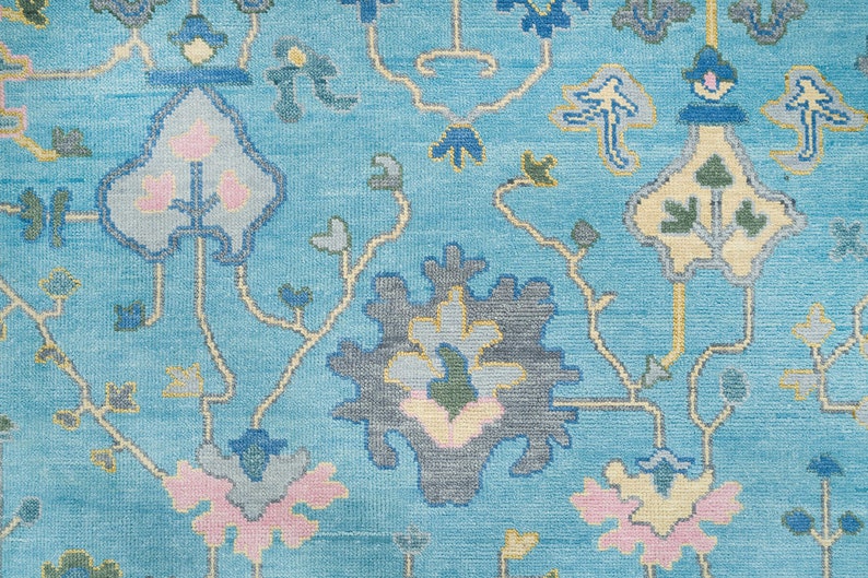 Premium Hand-Knotted Oushak Wool Rug - Pastel Blue & Pink Floral Turkish Style Carpet - Custom Size Rug for Living Room & Bedroom