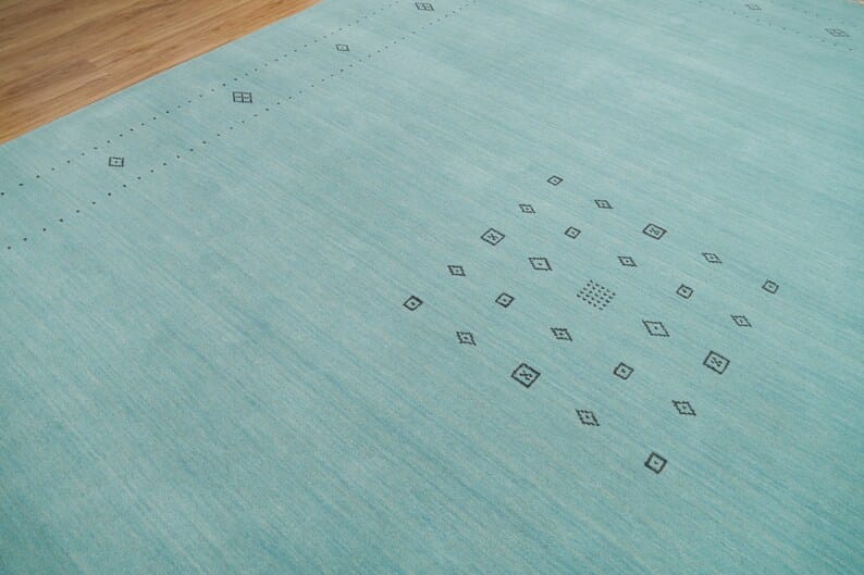 Premium Hand-Knotted Gabbeh Wool Rug - Minimalist Mint Green Aqua Blue Carpet