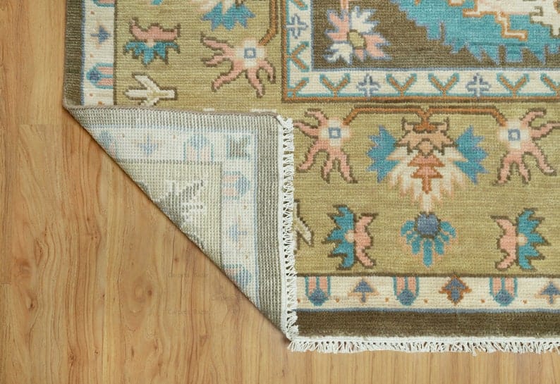 Premium Hand-Knotted Oushak Wool Rug - Classic Brown Tan Floral Area Carpet