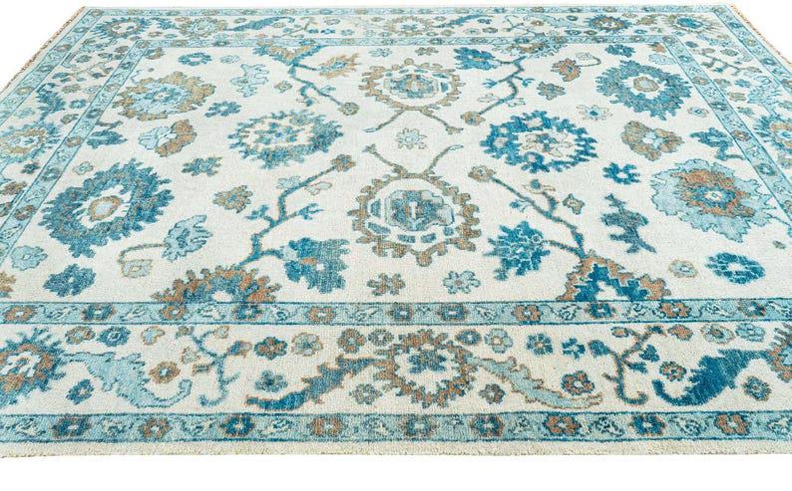 Premium Hand-Knotted Oushak Wool Rug - Creamy Ivory & Turquoise Blue Turkish Carpet - Custom Size Traditional Area Rug for Living Room, Bedroom & Coastal Spaces