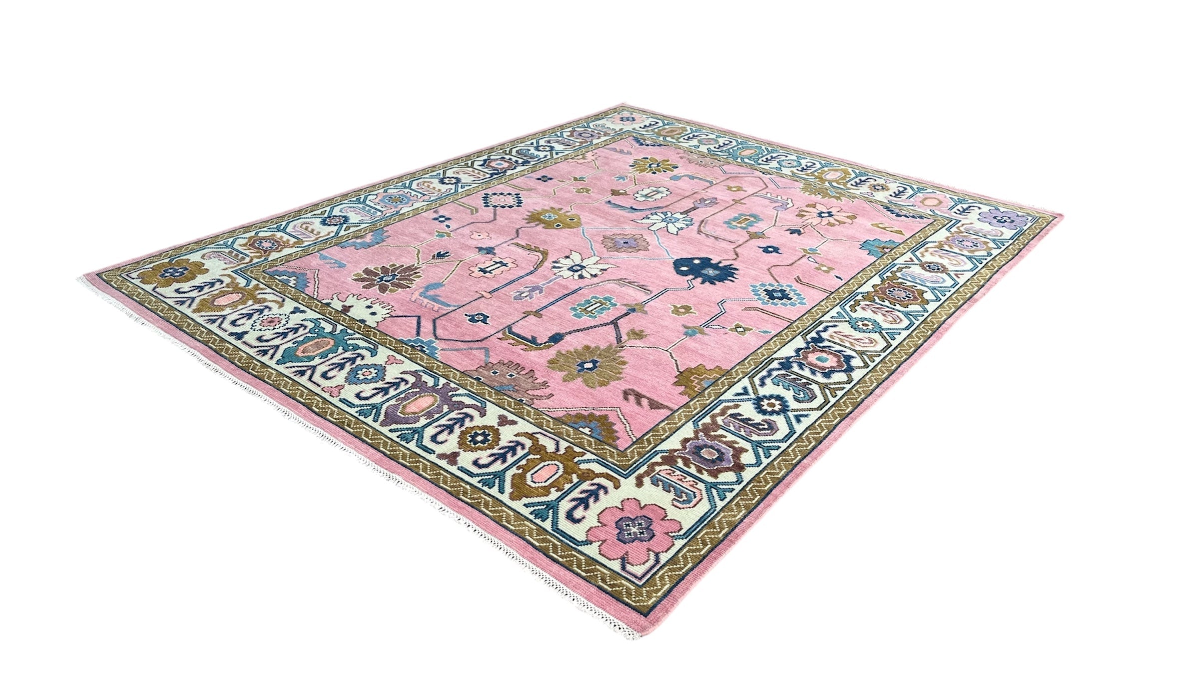 Premium Hand-Knotted Oushak Wool Rug - Soft Pink and Sage Green Floral Carpet