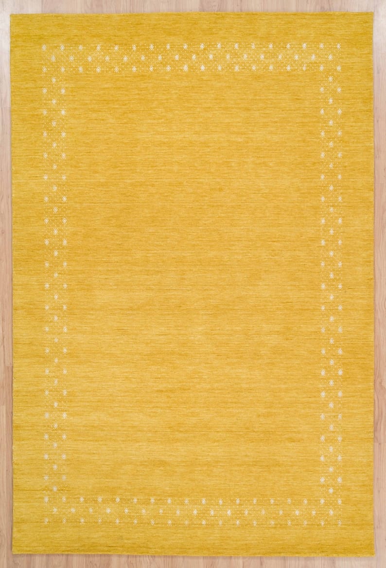 Premium Hand-Knotted Gabbeh Wool Rug - Minimalist Golden Mustard Yellow Carpet