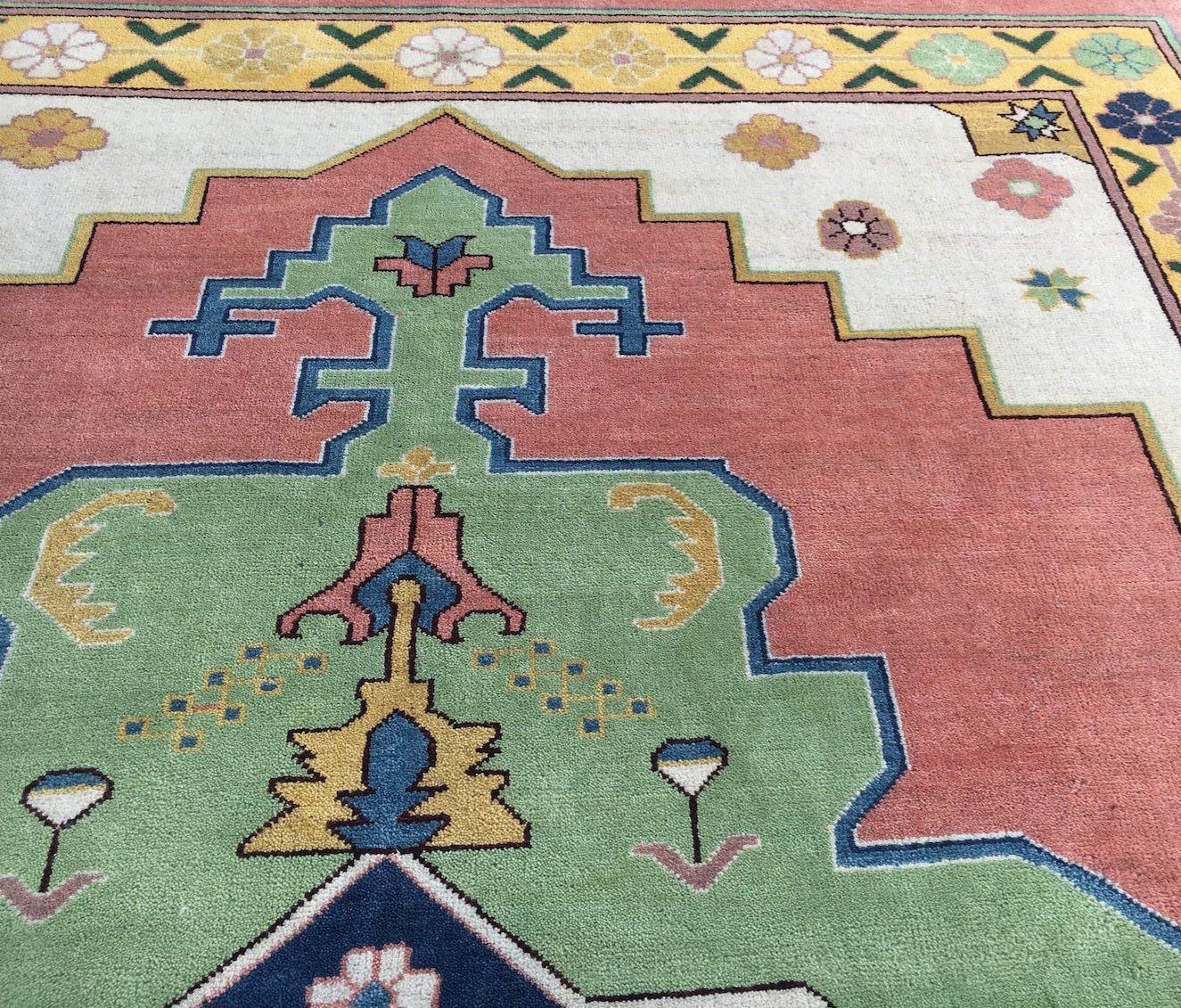 Premium Hand-Knotted Oushak Wool Rug - Vibrant Teal Blue & Terracotta Turkish Style Carpet - Custom Size Area Rug for Living Room, Bedroom & Dining Space