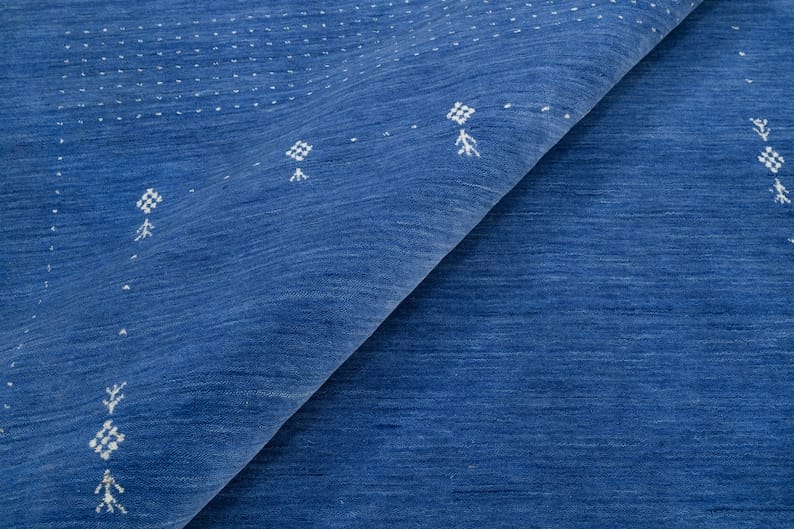Premium Hand-Knotted Gabbeh Wool Rug - Minimalist Indigo Blue Organic Tribal Area Carpet - Custom Size Available