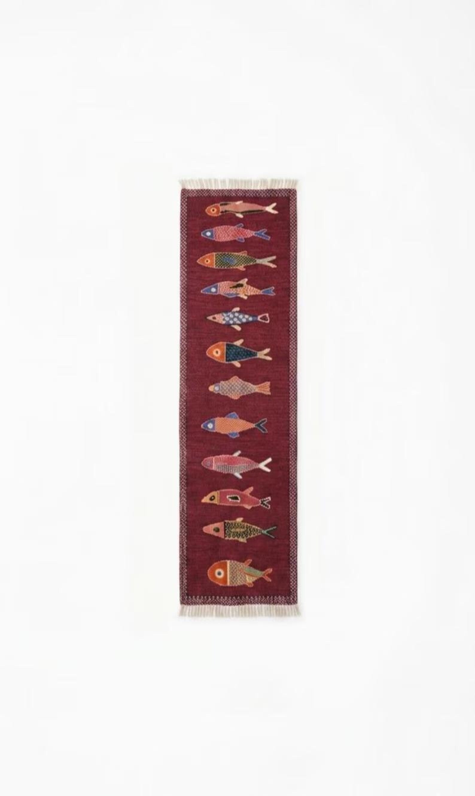 Hand-Knotted Oushak Wool Fish Runner Rug – Rust Red Eclectic Coastal Corridor Carpet