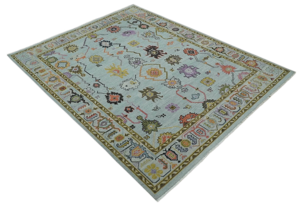Premium Hand-Knotted Oushak Wool Rug - Serene Light Blue Pastel Floral Carpet