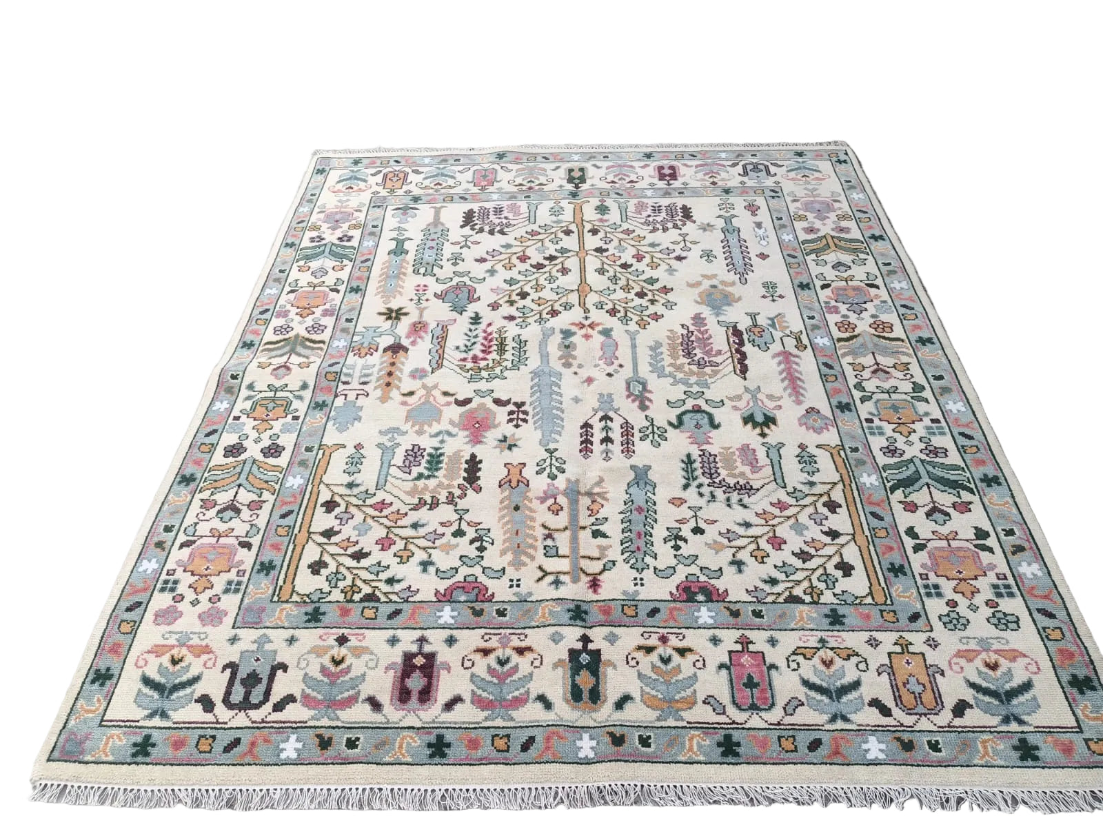 Premium Hand-Knotted Oushak Wool Rug - Creamy Ivory & Sage Green Tree of Life Carpet - Custom Size Traditional Area Rug for Living Room, Bedroom & Dining Space