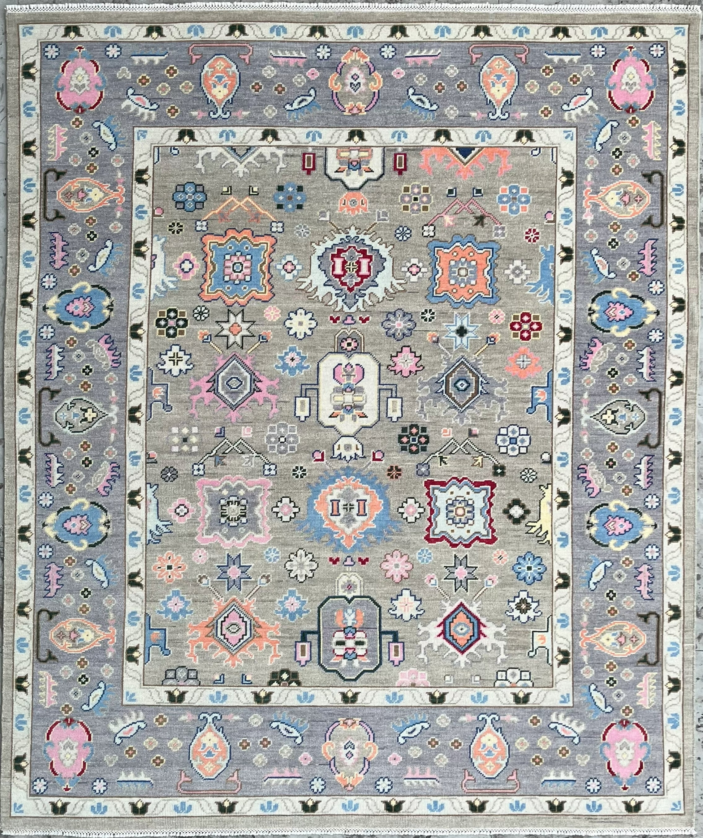 Premium Hand-Knotted Oushak Wool Rug - Muted Slate Blue Pastel Floral Carpet
