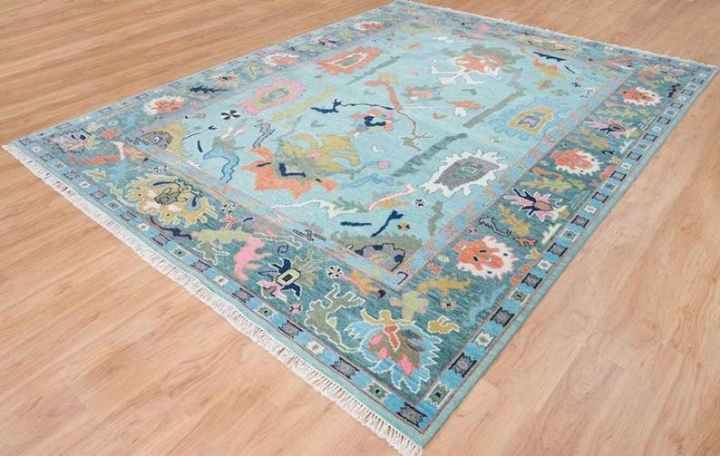 Premium Hand-Knotted Oushak Wool Rug - Vibrant Turquoise Blue Terracotta Floral Carpet