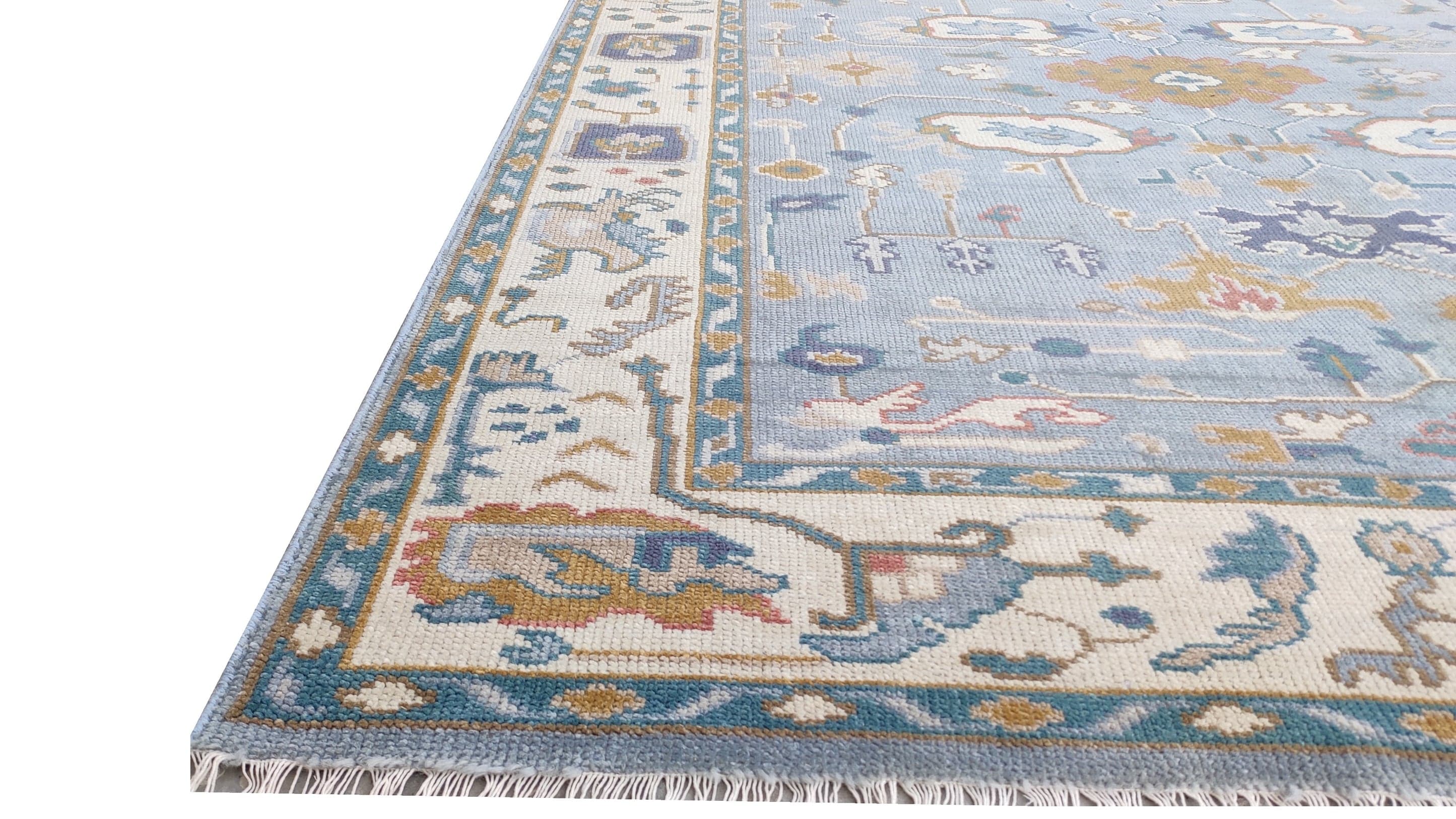 Premium Hand-Knotted Oushak Wool Rug - Serene Light Blue Cream Floral Carpet