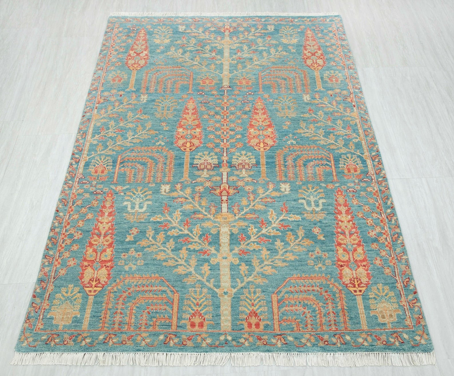 Luma Hand-Knotted Oushak Wool Rug – Light Blue & Turquoise Traditional Floral Medallion Carpet
