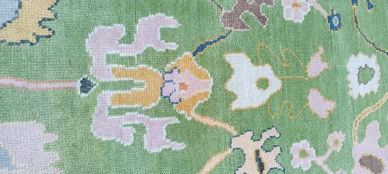 Premium Hand-Knotted Oushak Wool Rug - Minimalist Sage Green Pastel Floral Carpet