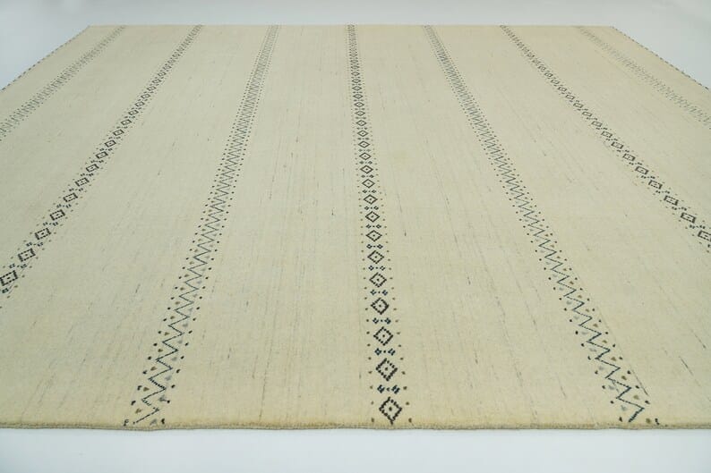 Premium Hand-Knotted Gabbeh Wool Rug - Minimalist Cream Ivory Striped Carpet