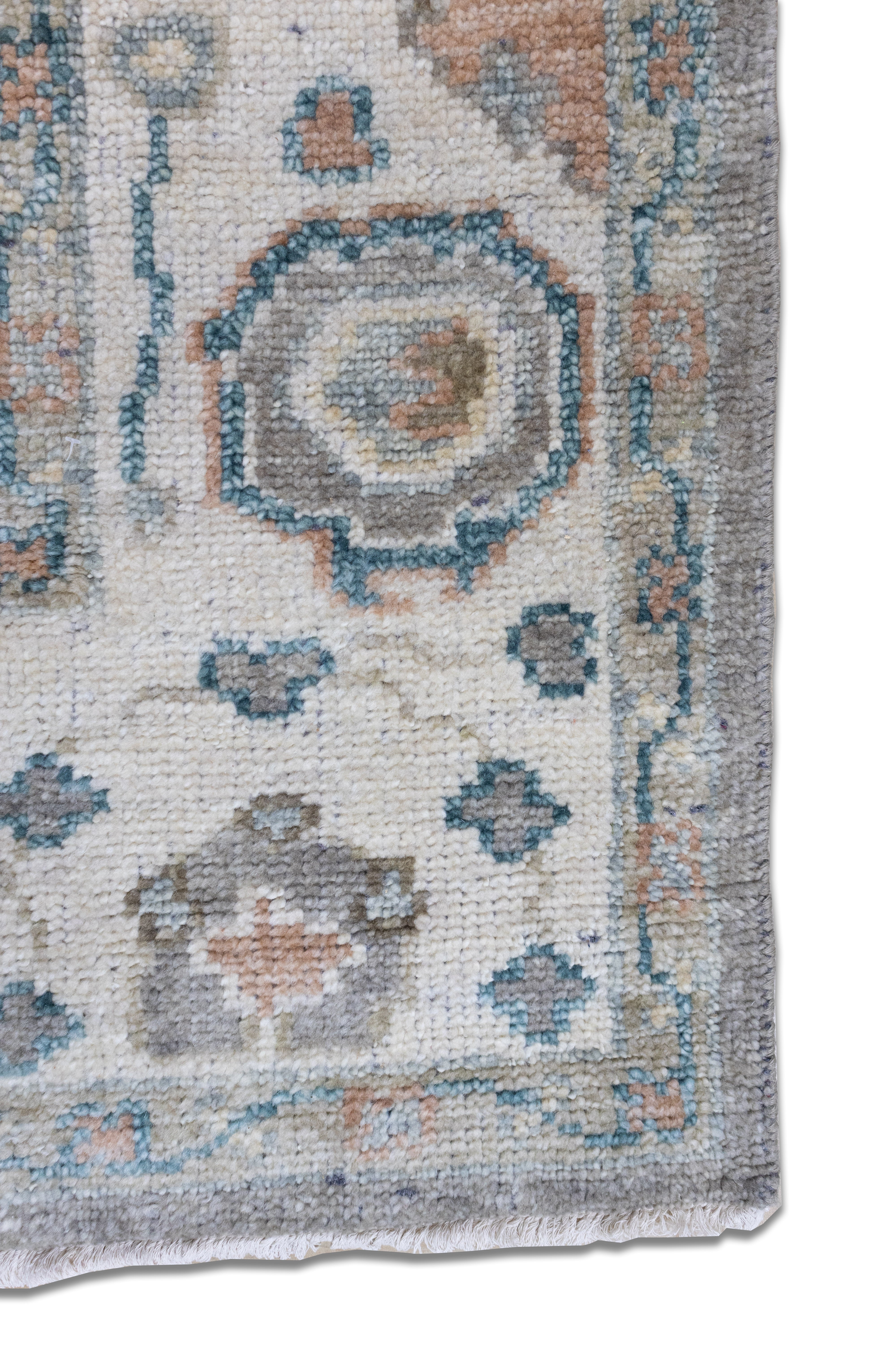 Premium Hand-Knotted Oushak Wool Rug - Muted Silver Grey Light Blue Floral Carpet