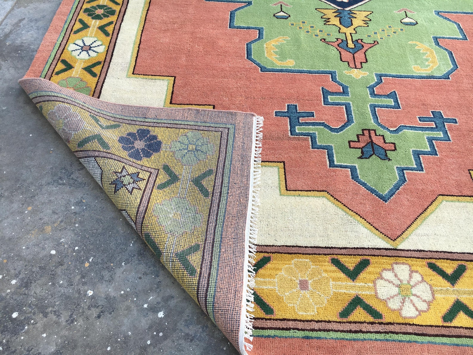 Premium Hand-Knotted Oushak Wool Rug - Vibrant Teal Blue & Terracotta Turkish Style Carpet - Custom Size Area Rug for Living Room, Bedroom & Dining Space