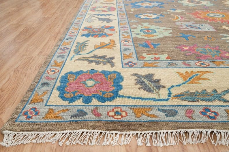 Premium Hand-Knotted Oushak Wool Rug - Taupe Brown & Ivory Multi-Color Border Turkish Carpet - Custom Size Area Rug for Living Room, Bedroom & Dining Area