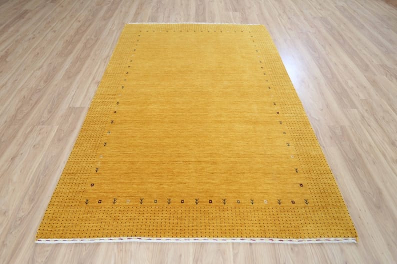Premium Hand-Knotted Gabbeh Wool Rug - Solid Minimalist Mustard Golden Yellow Carpet