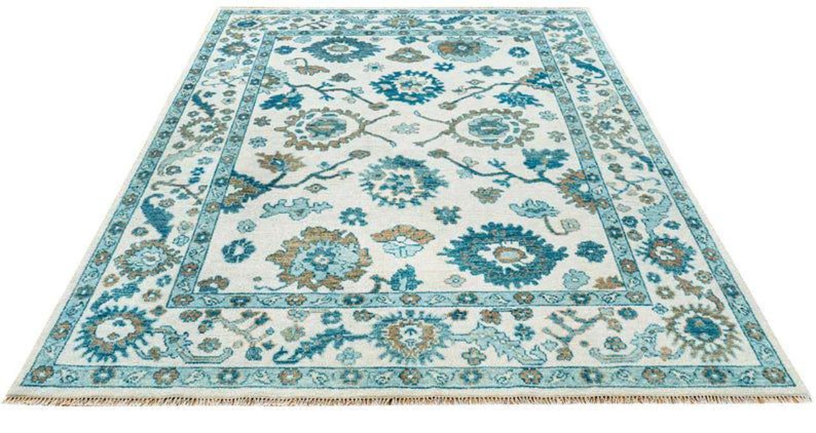 Premium Hand-Knotted Oushak Wool Rug - Creamy Ivory & Turquoise Blue Turkish Carpet - Custom Size Traditional Area Rug for Living Room, Bedroom & Coastal Spaces