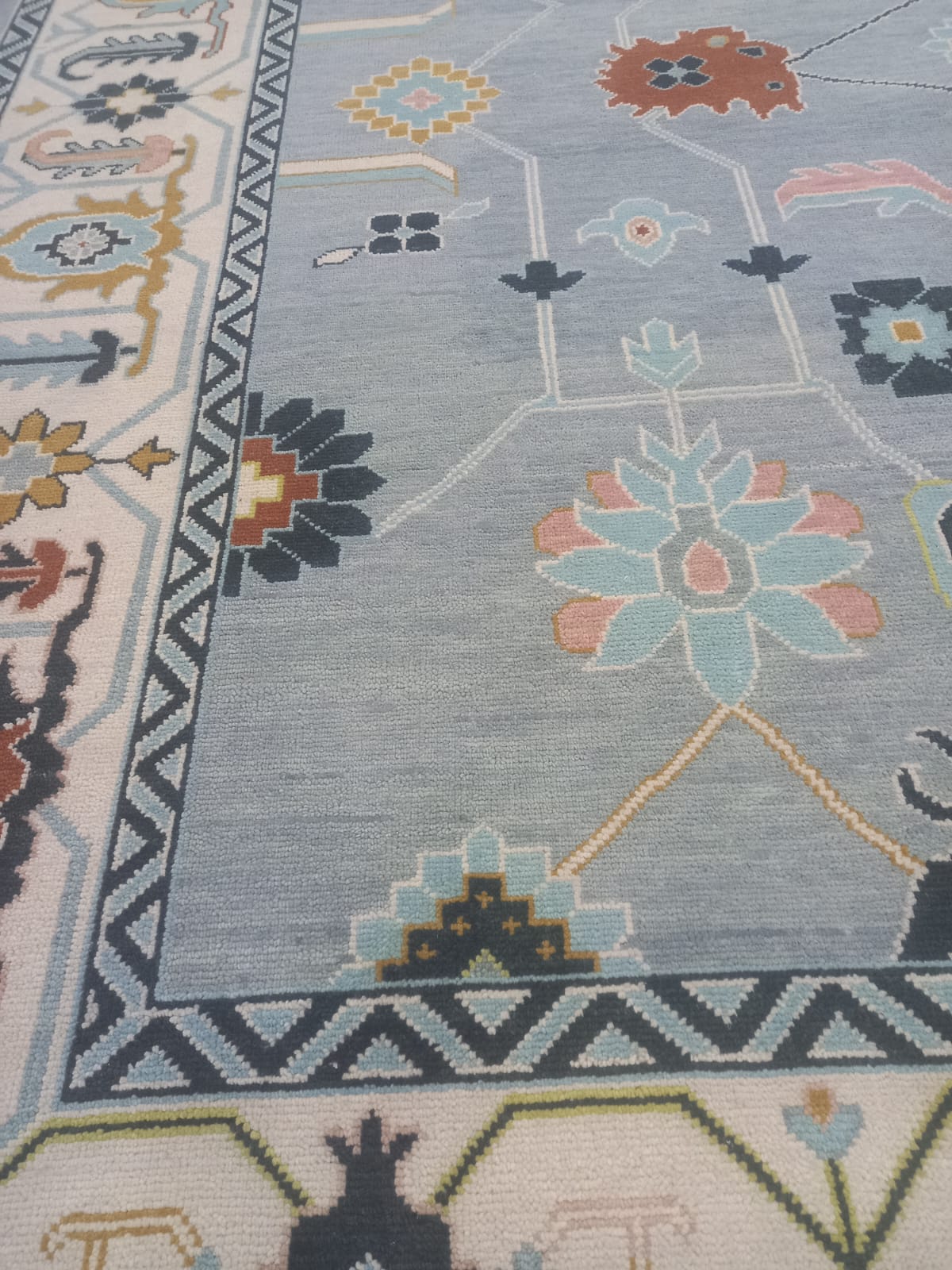 Premium Hand-Knotted Oushak Wool Rug - Slate Blue & Ivory Border Transitional Carpet - Custom Size Area Rug for Living Room, Bedroom & Dining Space