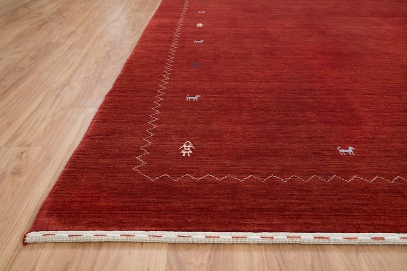 Premium Hand-Knotted Gabbeh Wool Rug - Minimalist Dark Red Maroon Geometric Carpet