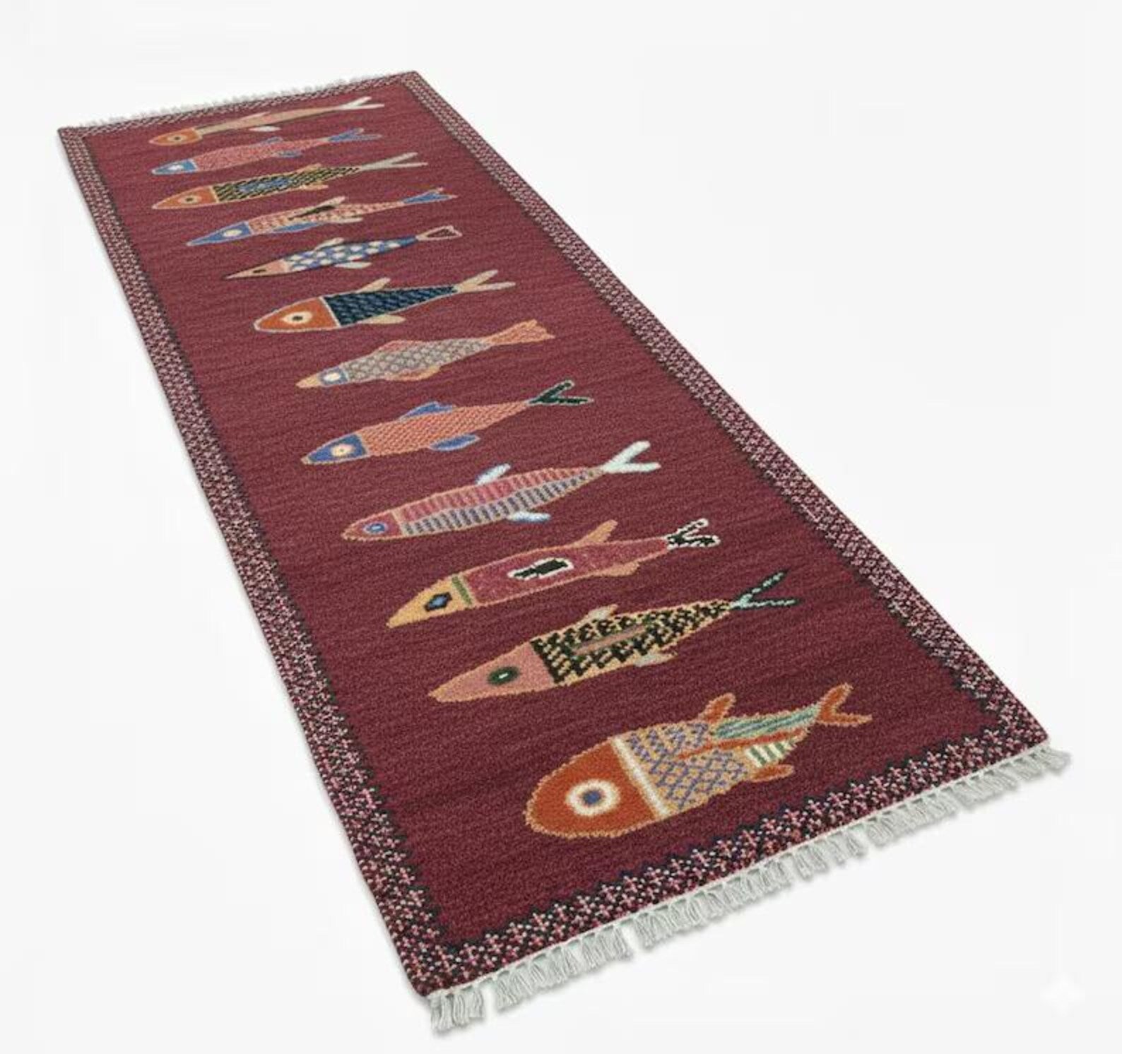 Hand-Knotted Oushak Wool Fish Runner Rug – Rust Red Eclectic Coastal Corridor Carpet