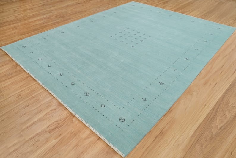 Premium Hand-Knotted Gabbeh Wool Rug - Minimalist Mint Green Aqua Blue Carpet