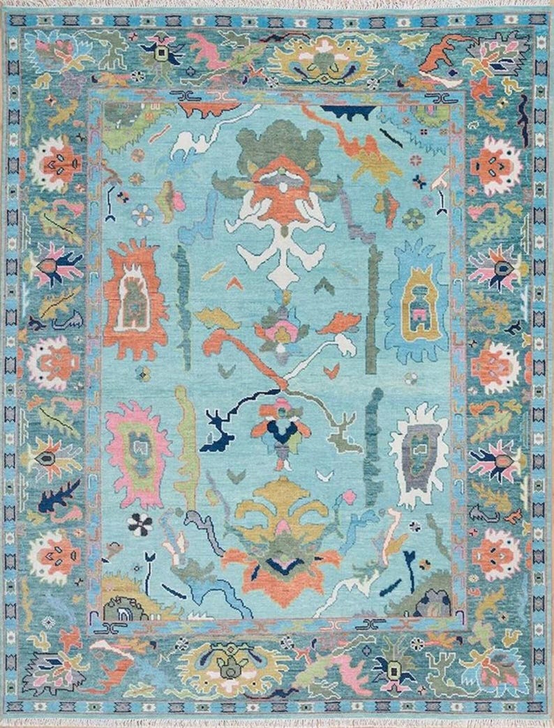 Premium Hand-Knotted Oushak Wool Rug - Turquoise Blue & Terracotta Orange Turkish Style Carpet - Custom Size Area Rug for Living Room, Bedroom & Dining Space