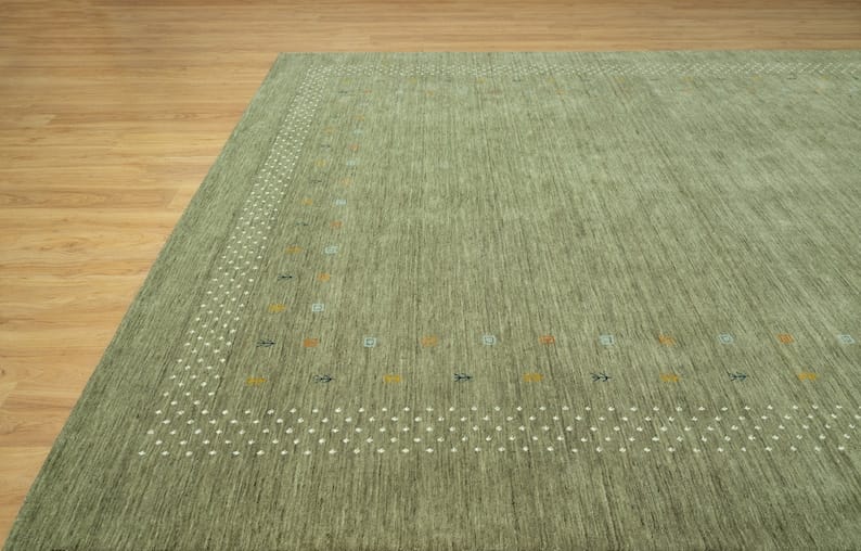 Premium Hand-Knotted Gabbeh Wool Rug - Minimalist Sage Green Organic Tribal Area Carpet - Custom Size Available