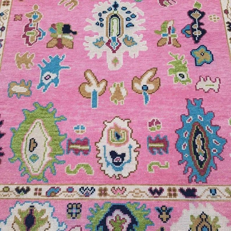 Premium Hand-Knotted Oushak Wool Rug - Fuchsia Pink & Multi-Color Turkish Style Carpet - Custom Size Area Rug for Living Room, Bedroom & Kids Room