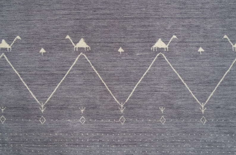 Premium Hand-Knotted Oushak Wool Rug - Grey Charcoal Minimalist Chevron Geometric Carpet