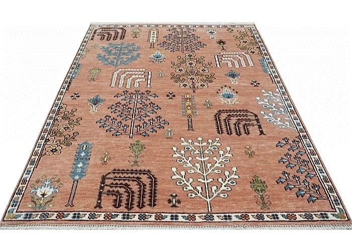 Premium Hand-Knotted Gabbeh Wool Rug - Muted Salmon Pink Tree of Life Persian Style Carpet - Custom Size Area Rug for Living Room, Bedroom & Nursery