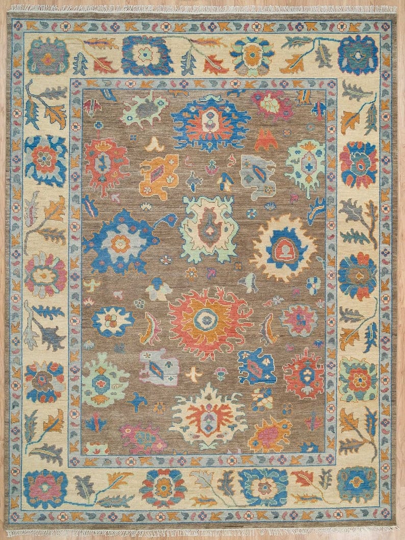 Premium Hand-Knotted Oushak Wool Rug - Taupe Brown & Ivory Multi-Color Border Turkish Carpet - Custom Size Area Rug for Living Room, Bedroom & Dining Area