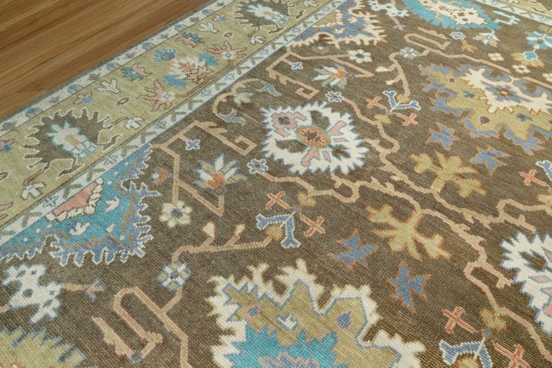 Premium Hand-Knotted Oushak Wool Rug - Classic Brown Tan Floral Area Carpet