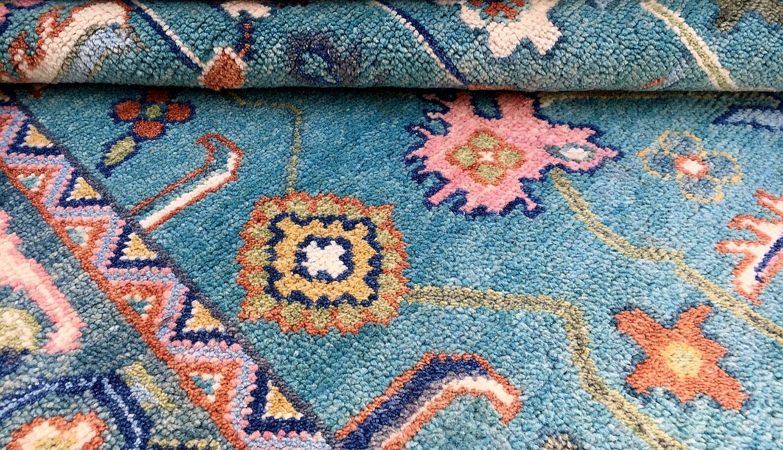 Premium Hand-Knotted Oushak Wool Rug - Vibrant Teal Blue & Terracotta Turkish Style Carpet - Custom Size Area Rug for Living Room, Bedroom & Dining Space
