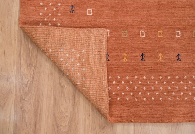 Premium Hand-Knotted Gabbeh Wool Rug - Minimalist Terracotta Rust Orange Striped Carpet
