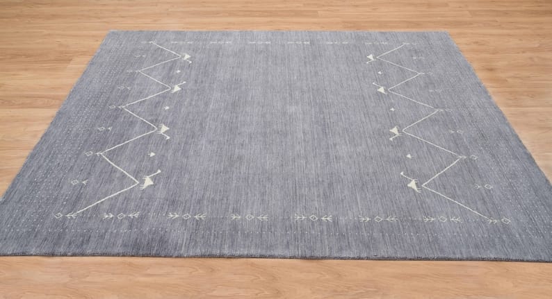 Premium Hand-Knotted Oushak Wool Rug - Grey Charcoal Minimalist Chevron Geometric Carpet