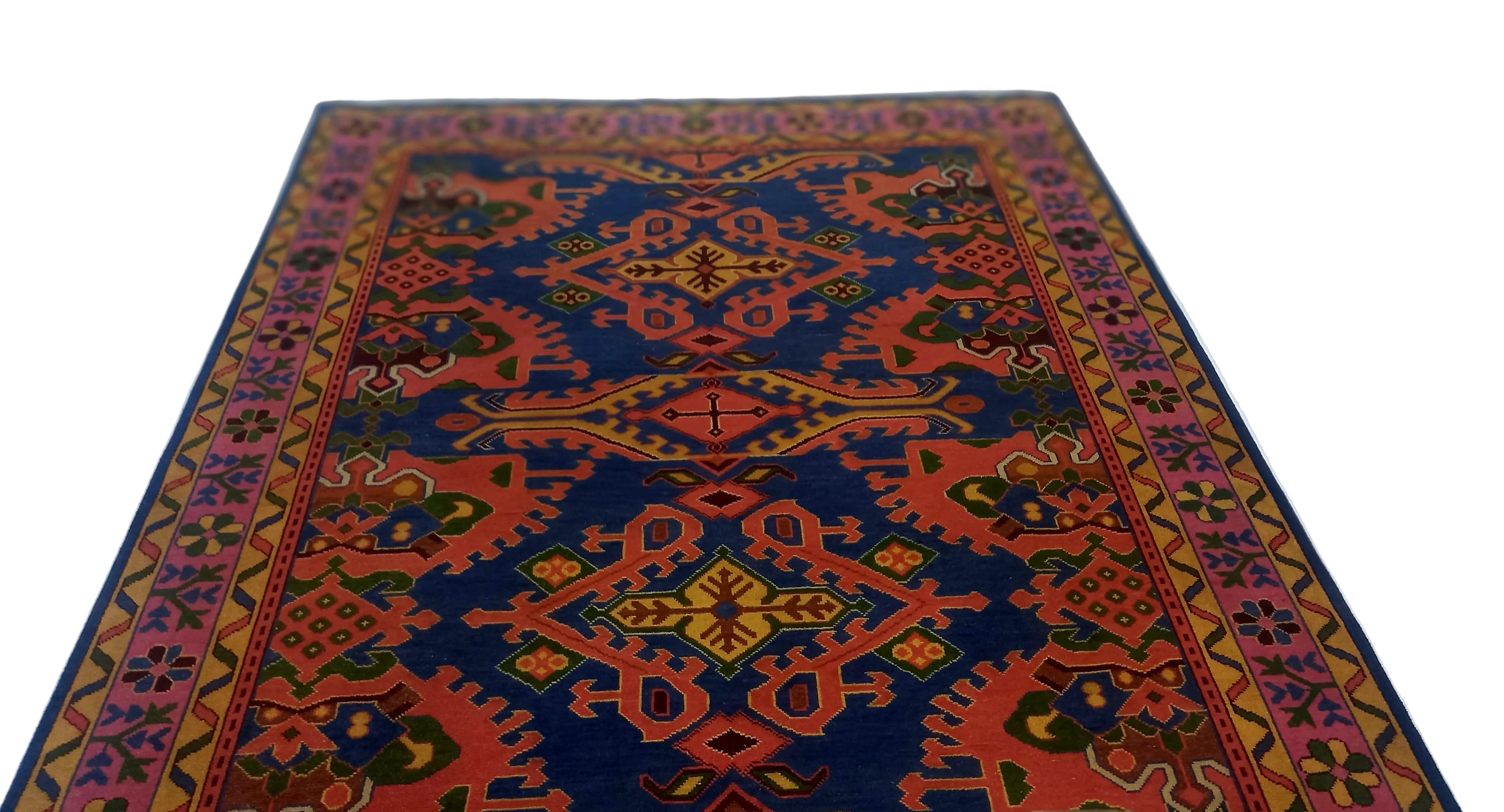 Premium Hand-Knotted Heriz Serapi Wool Rug - Royal Blue & Terracotta Geometric Carpet - Custom Size Traditional Area Rug for Living Room & Dining Space