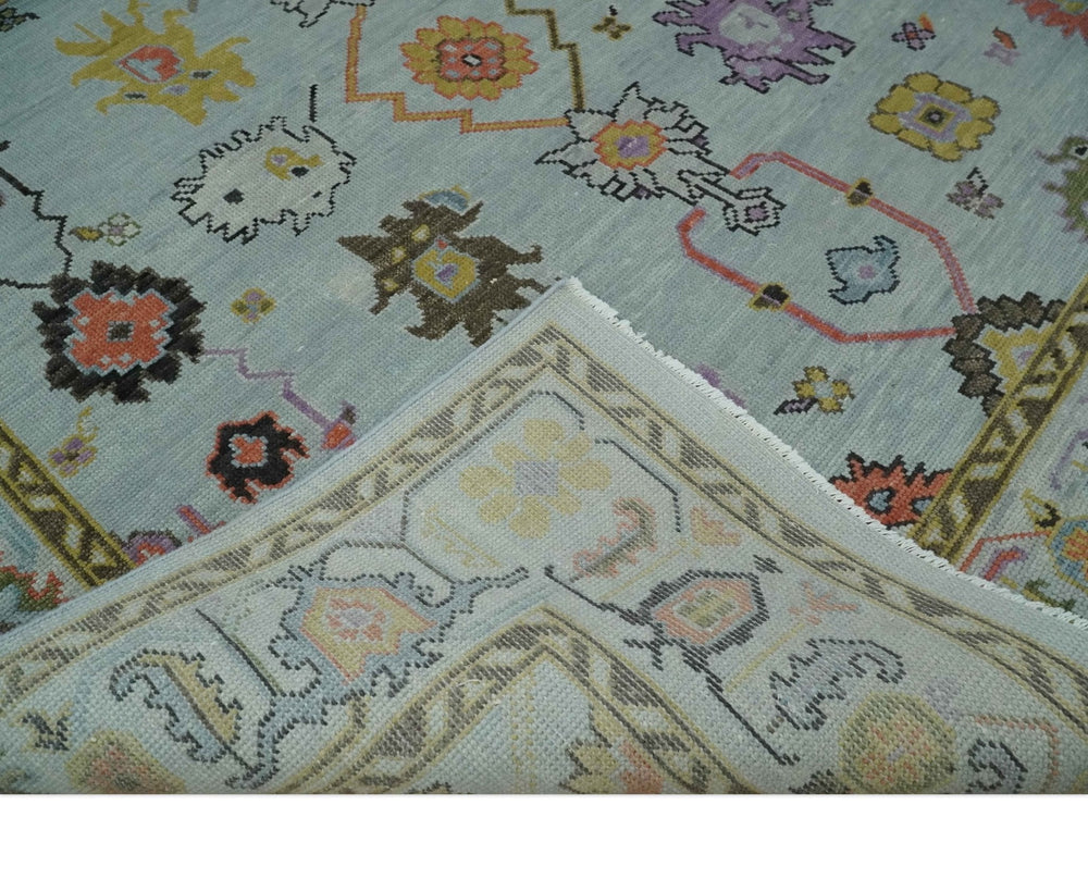Premium Hand-Knotted Oushak Wool Rug - Serene Light Blue Pastel Floral Carpet