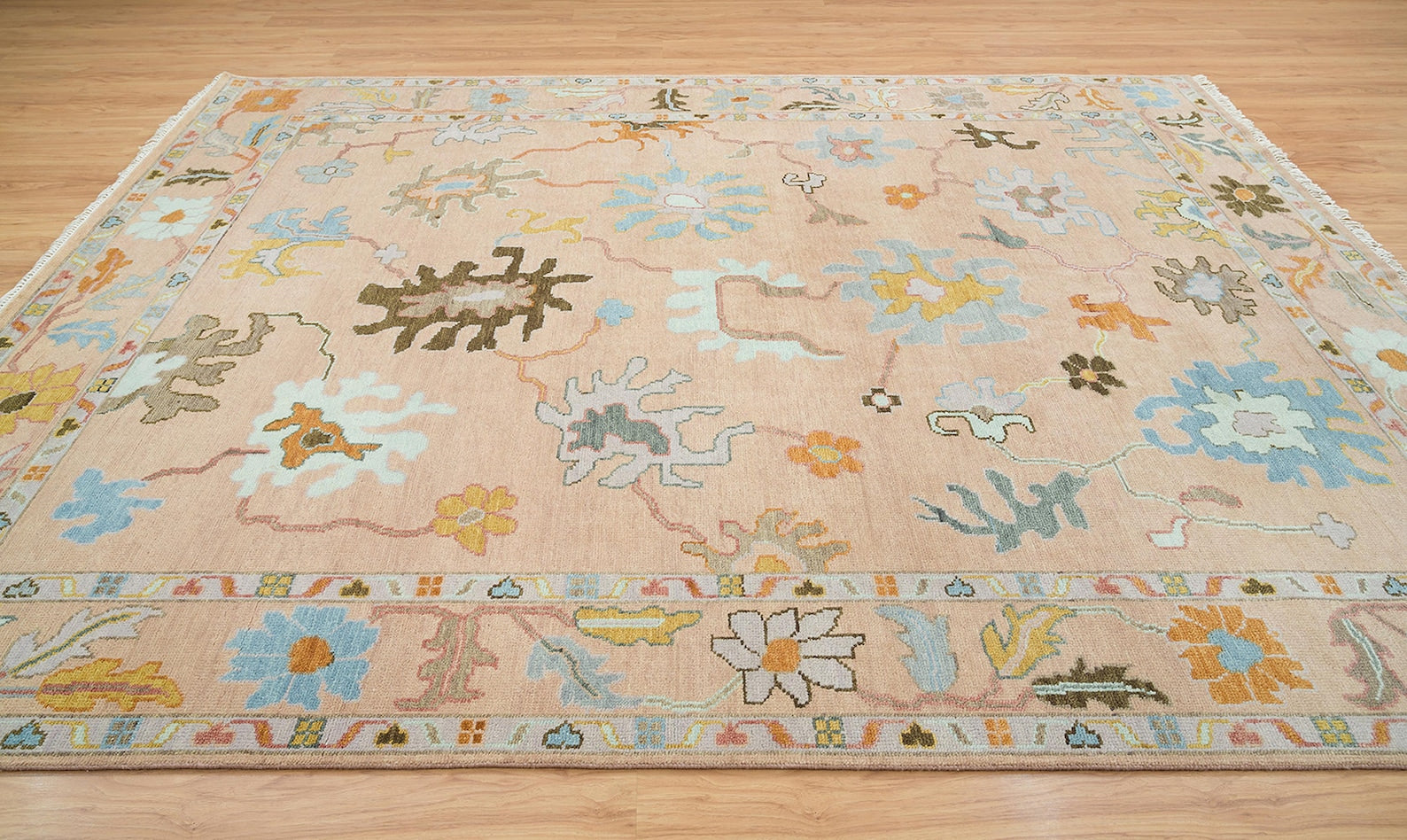 Premium Hand-Knotted Oushak Wool Rug - Muted Blush Pink & Apricot Peach Turkish Carpet - Custom Size Area Rug for Living Room, Bedroom & Nursery