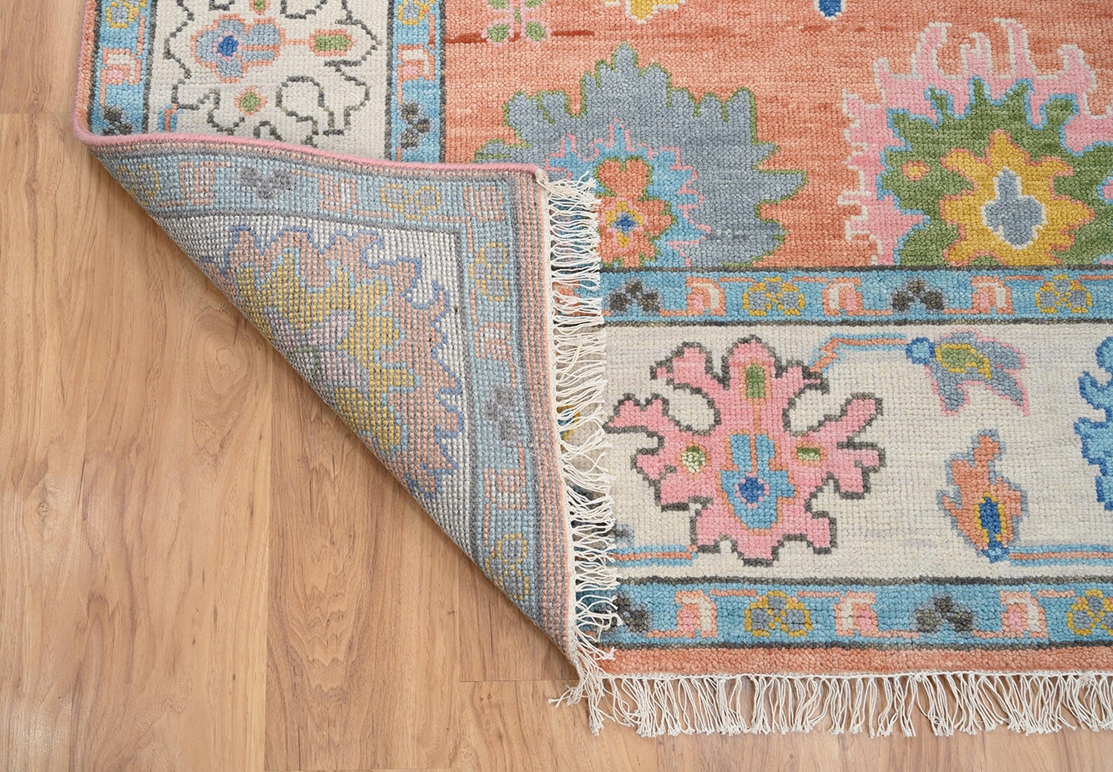 Premium Hand-Knotted Oushak Wool Rug - Vibrant Terracotta Orange Coral Floral Carpet