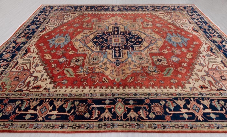 Premium Hand-Knotted Oushak Wool Rug - Terracotta Red & Navy Blue Traditional Carpet