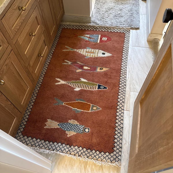 Hand-Knotted Oushak Wool Fish Runner Rug – Rust Red Eclectic Coastal Corridor Carpet