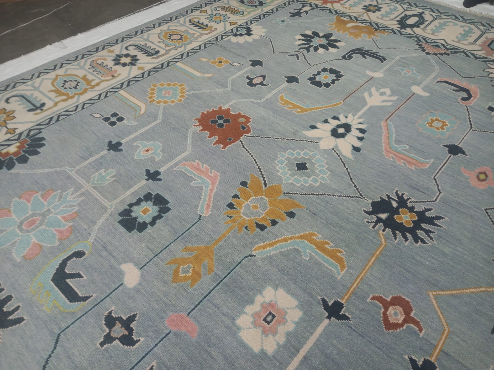Premium Hand-Knotted Oushak Wool Rug - Slate Blue & Ivory Border Transitional Carpet - Custom Size Area Rug for Living Room, Bedroom & Dining Space