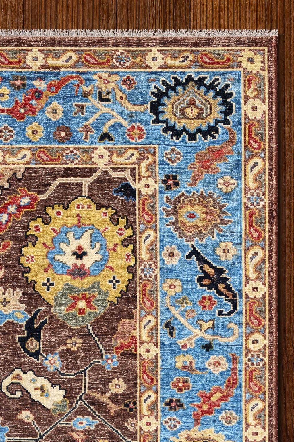 Premium Hand-Knotted Oushak Wool Rug - Taupe Brown & Sky Blue Border Turkish Carpet - Custom Size Area Rug for Living Room, Bedroom & Dining Room