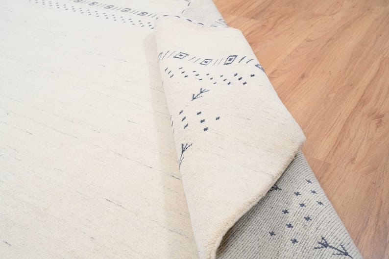 Premium Hand-Knotted Gabbeh Wool Rug - Minimalist Cream Ivory Organic Tribal Area Carpet - Custom Size Available